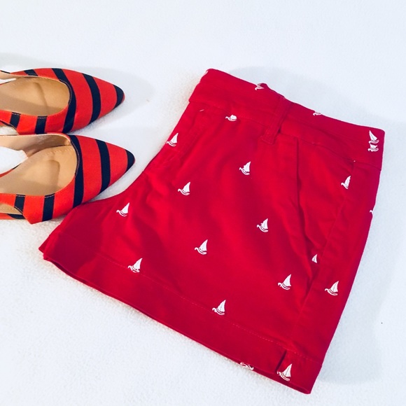 Pants - Red Nautical White Sailboat Chino Shorts
